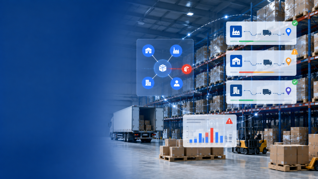 Organized distribution warehouse with digital logistics tracking overlays illustrating common challenges faced by broker-style distributors