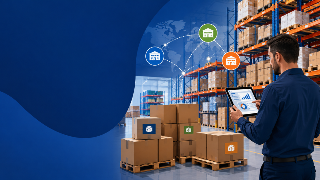 Logistics professional reviewing dropship inventory data across multiple suppliers in a modern warehouse.