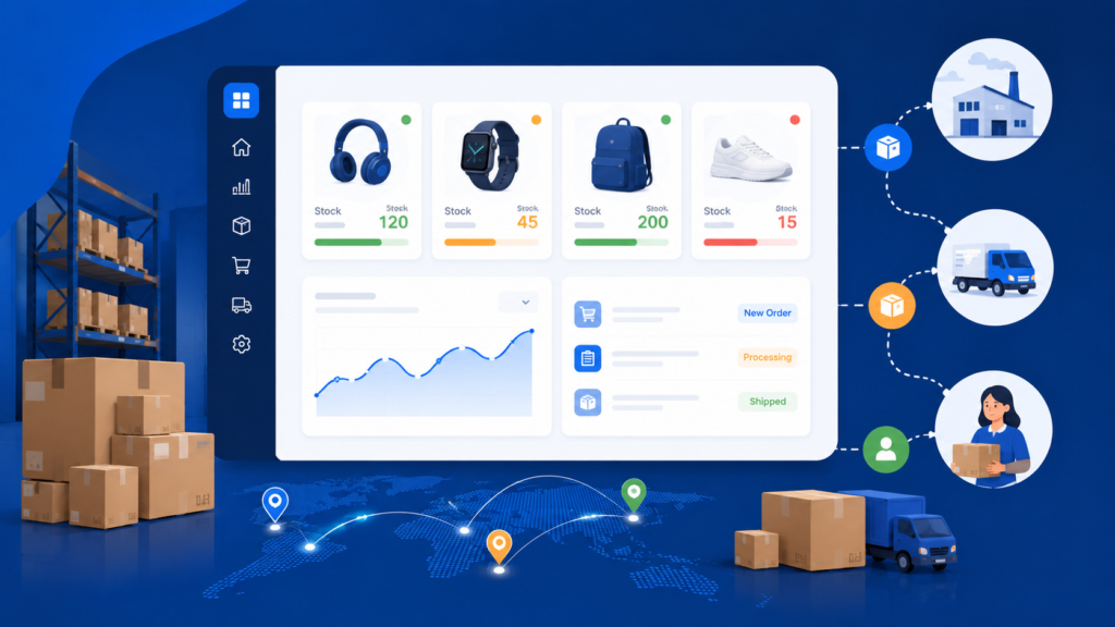 Illustration of a dropship inventory management dashboard tracking stock levels and supplier-to-customer order flow