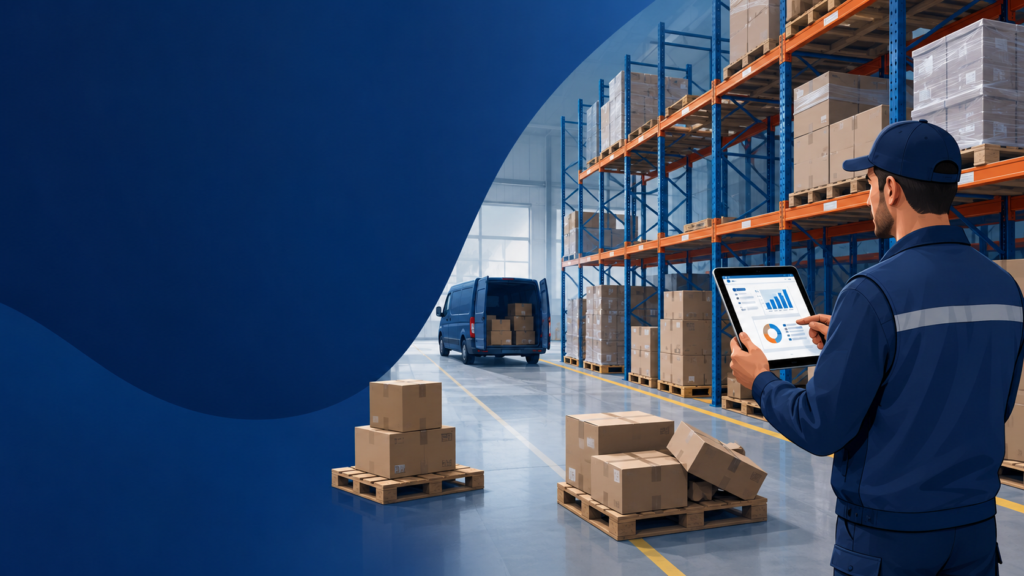 Field service technician reviewing inventory data on a tablet in a warehouse with pallet racks and uneven stock levels.