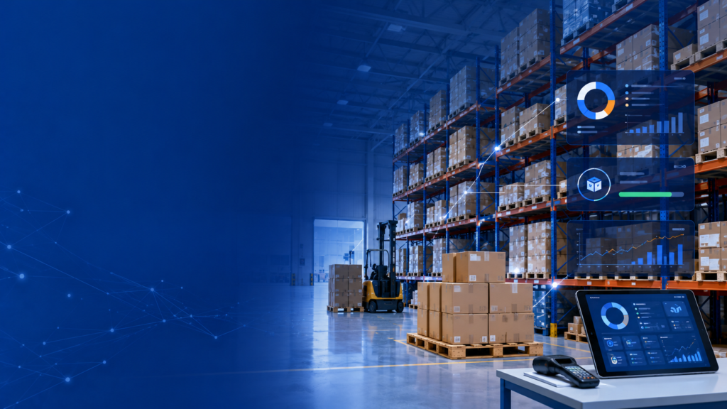 Organized B2B distribution warehouse with digital inventory tracking overlays illustrating inventory management for inventory-centric distributors in 2026