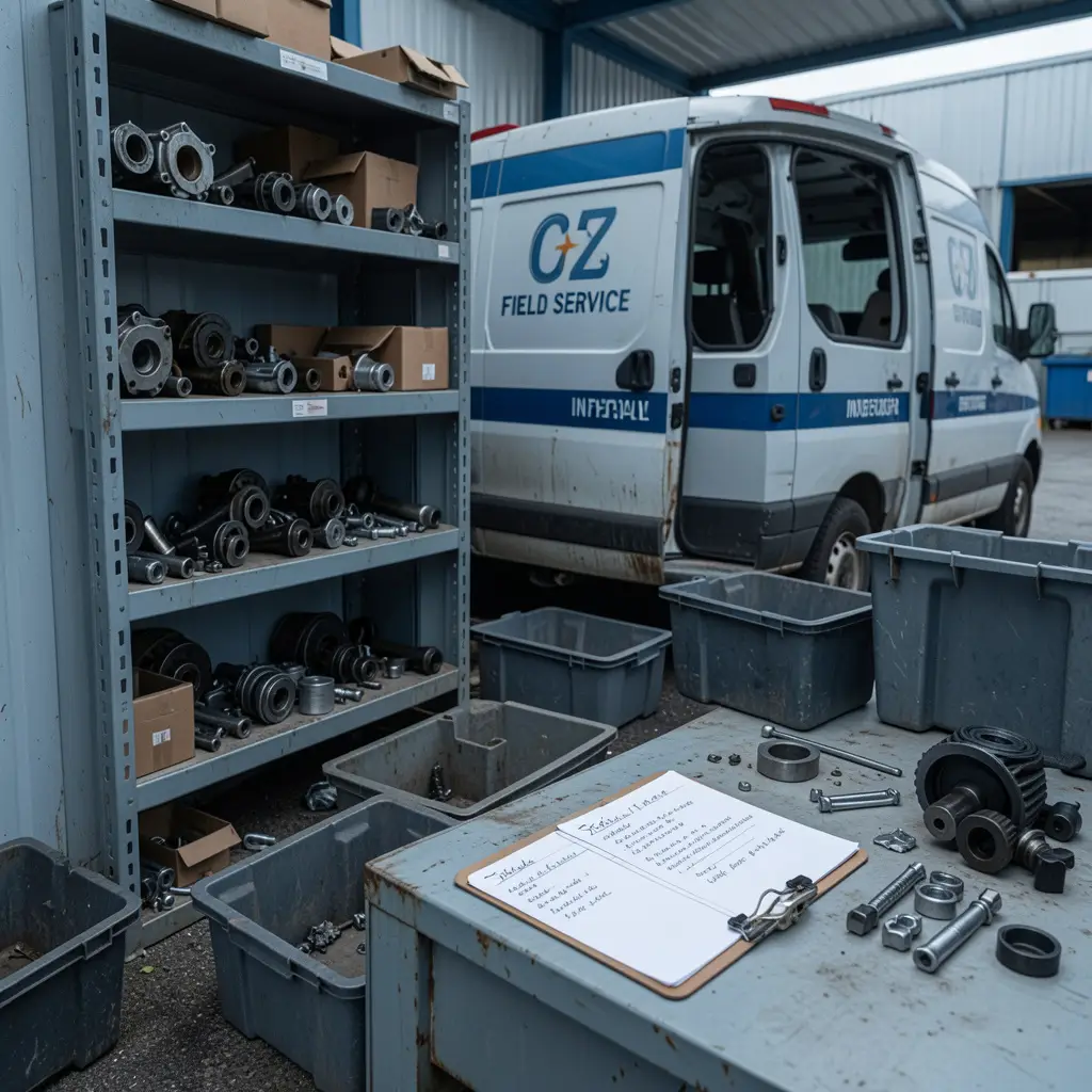 Field service van with disorganised parts shelves and handwritten notes illustrating inventory challenges