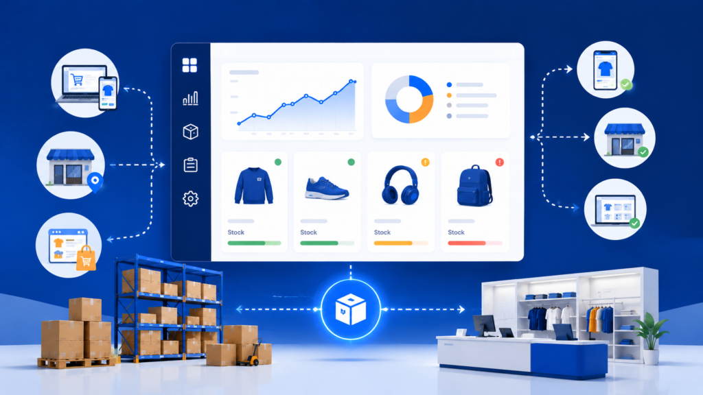 Illustration of an omnichannel inventory management dashboard tracking stock levels and connected sales channel flow