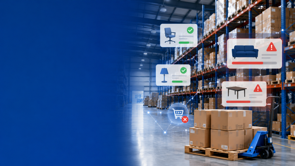 Organized retail distribution warehouse with digital inventory tracking overlays illustrating how inventory inaccuracy leads to lost sales"