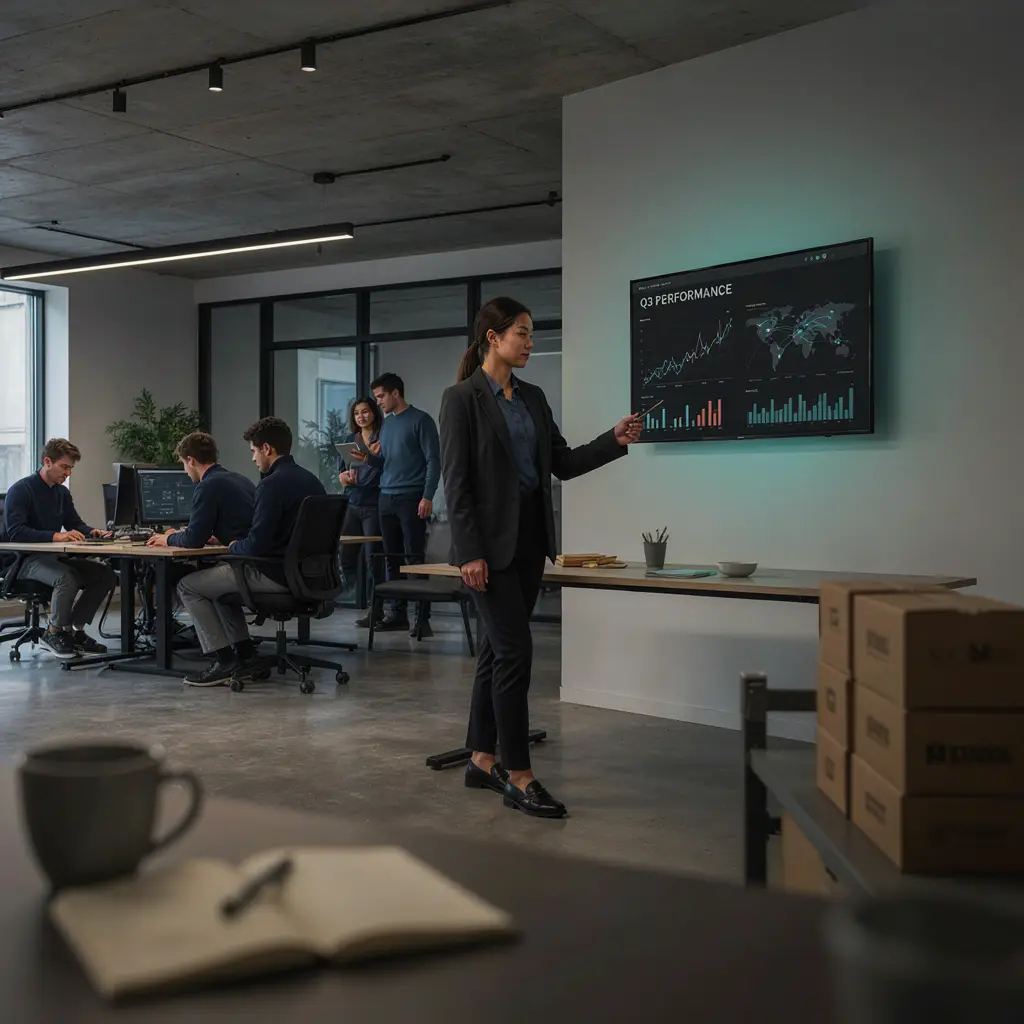 Dropship distribution team coordinating supplier feeds and fulfilment partner orders on laptops in a modern office-warehouse