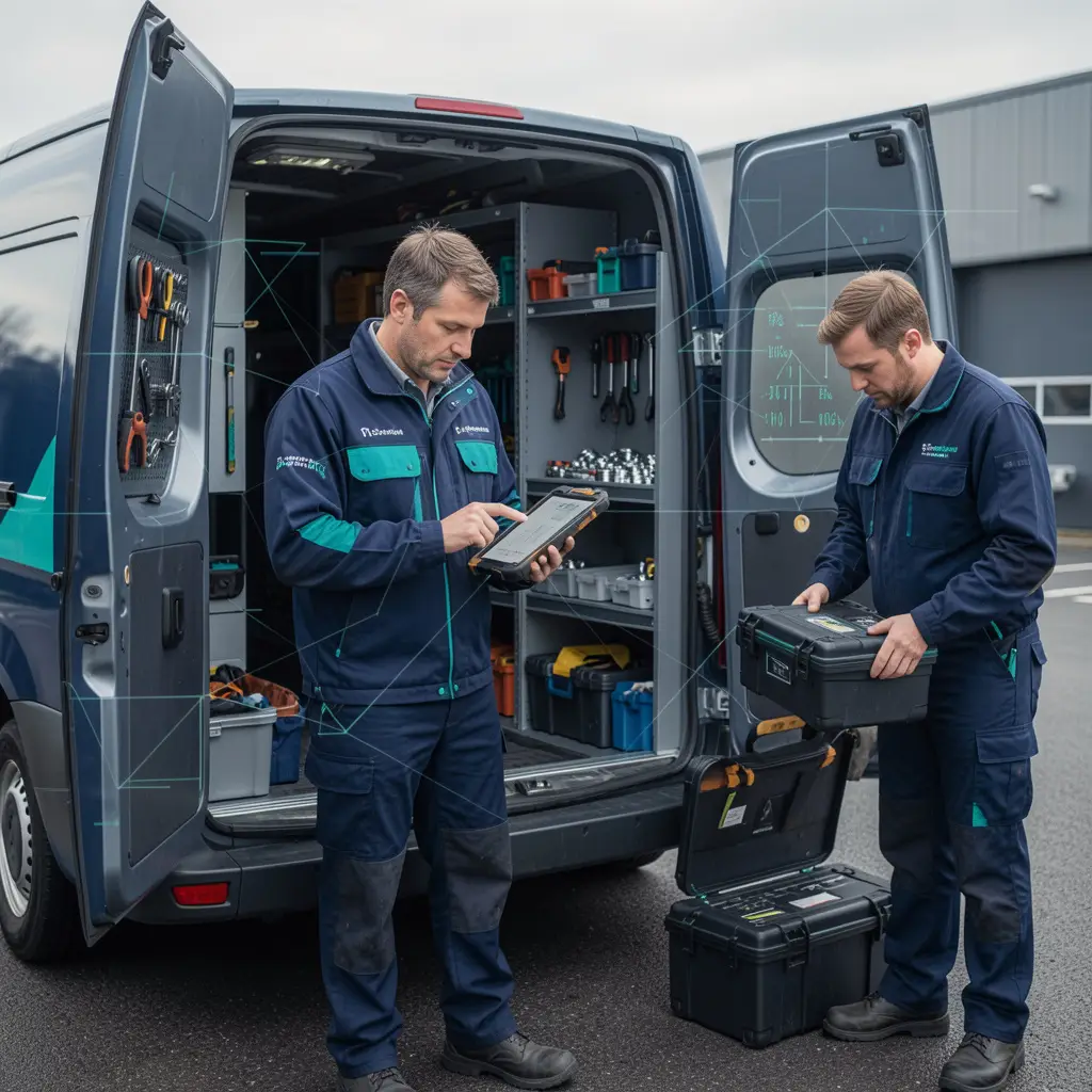 Field service engineer checking van stock levels on a tablet beside organised parts shelving in a service vehicle