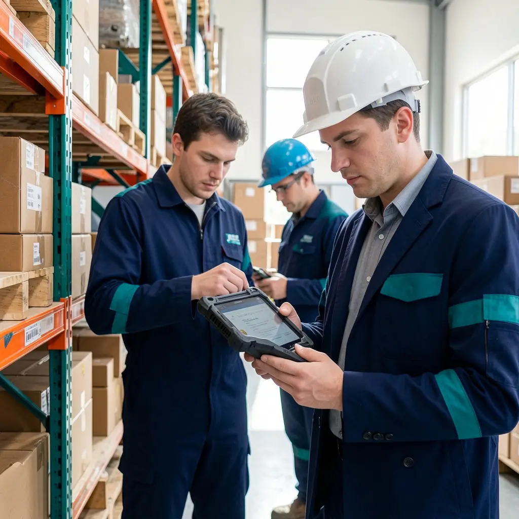 Warehouse staff verifying a physical stock count against system data on a tablet in a B2B distribution centre