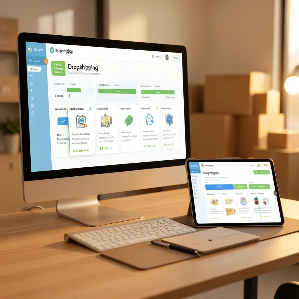 Dropshipping workspace showing supplier feeds and sales-trend graphs on laptop and monitor
