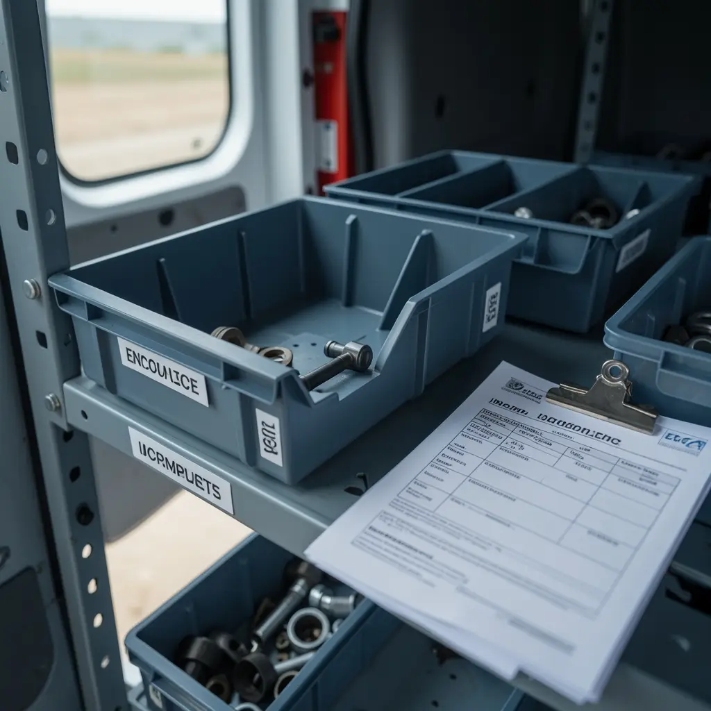 Empty parts bin in a field service van beside an incomplete job sheet showing how missing parts delay jobs