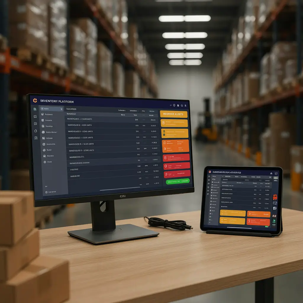 Integrated inventory platform showing real-time multi-warehouse stock and reorder alerts for B2B distribution