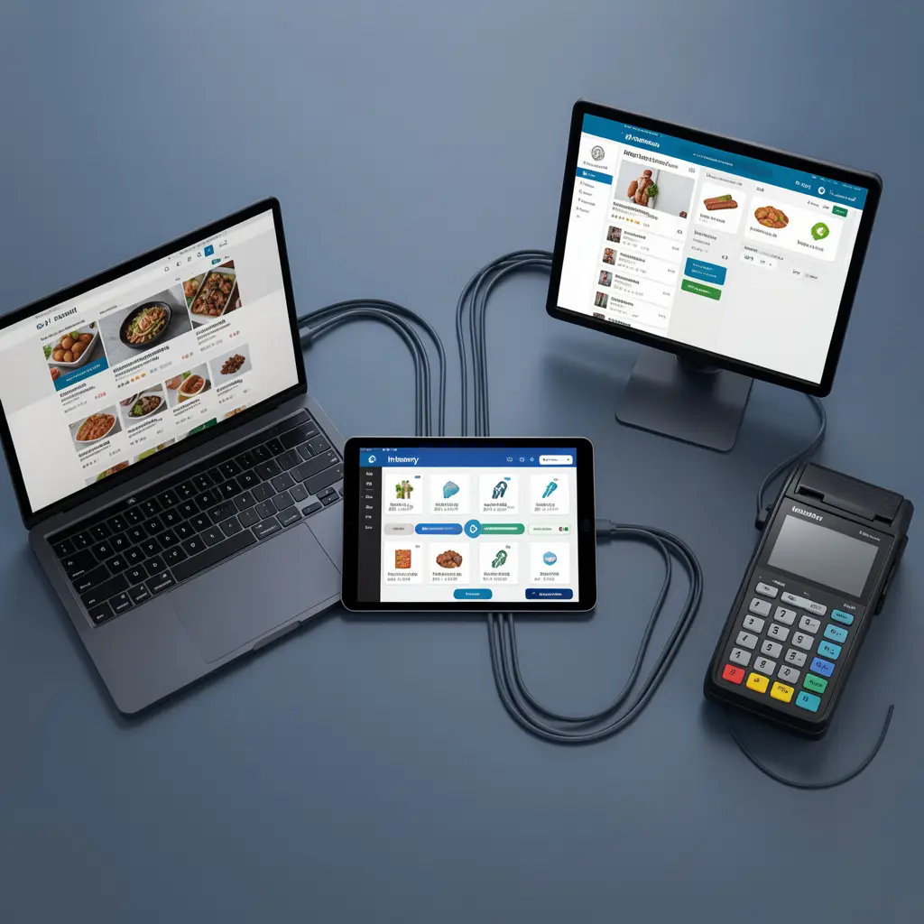 Online store, marketplace dashboard and POS terminal syncing to one unified inventory figure on a central tablet