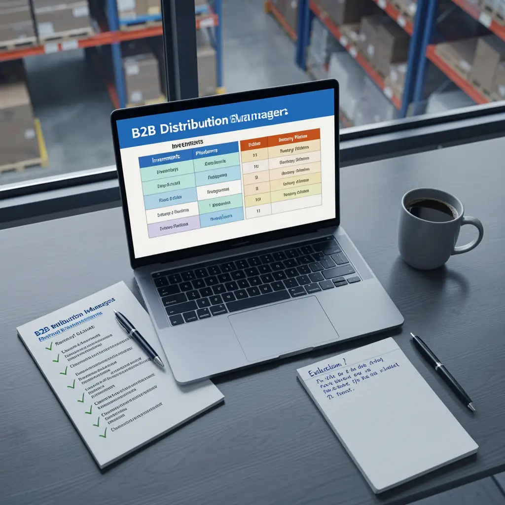 Desk with a laptop comparison table and requirements checklist for choosing inventory management software