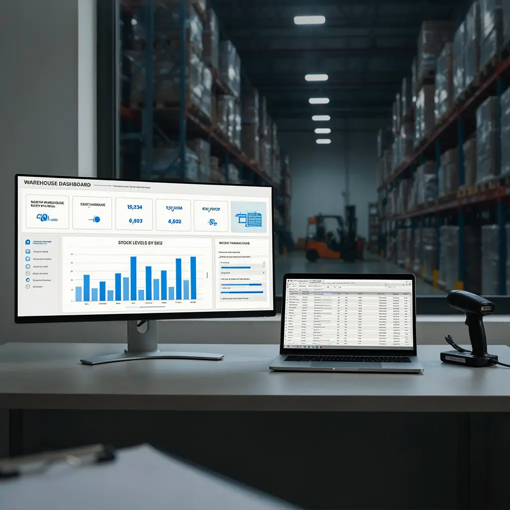 Warehouse office monitor showing multi-location stock levels for supplier inventory visibility