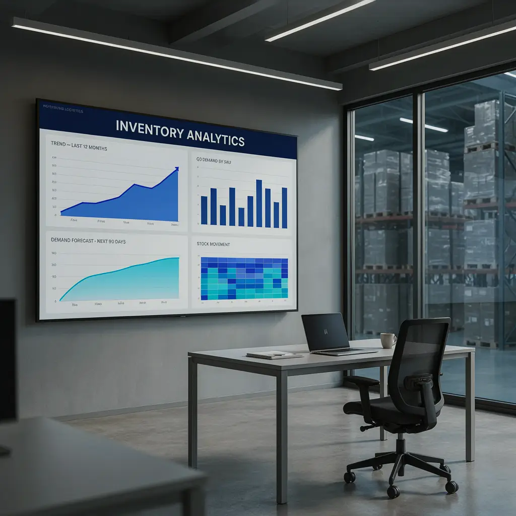 Warehouse office display showing inventory analytics and trend graphs for B2B distribution