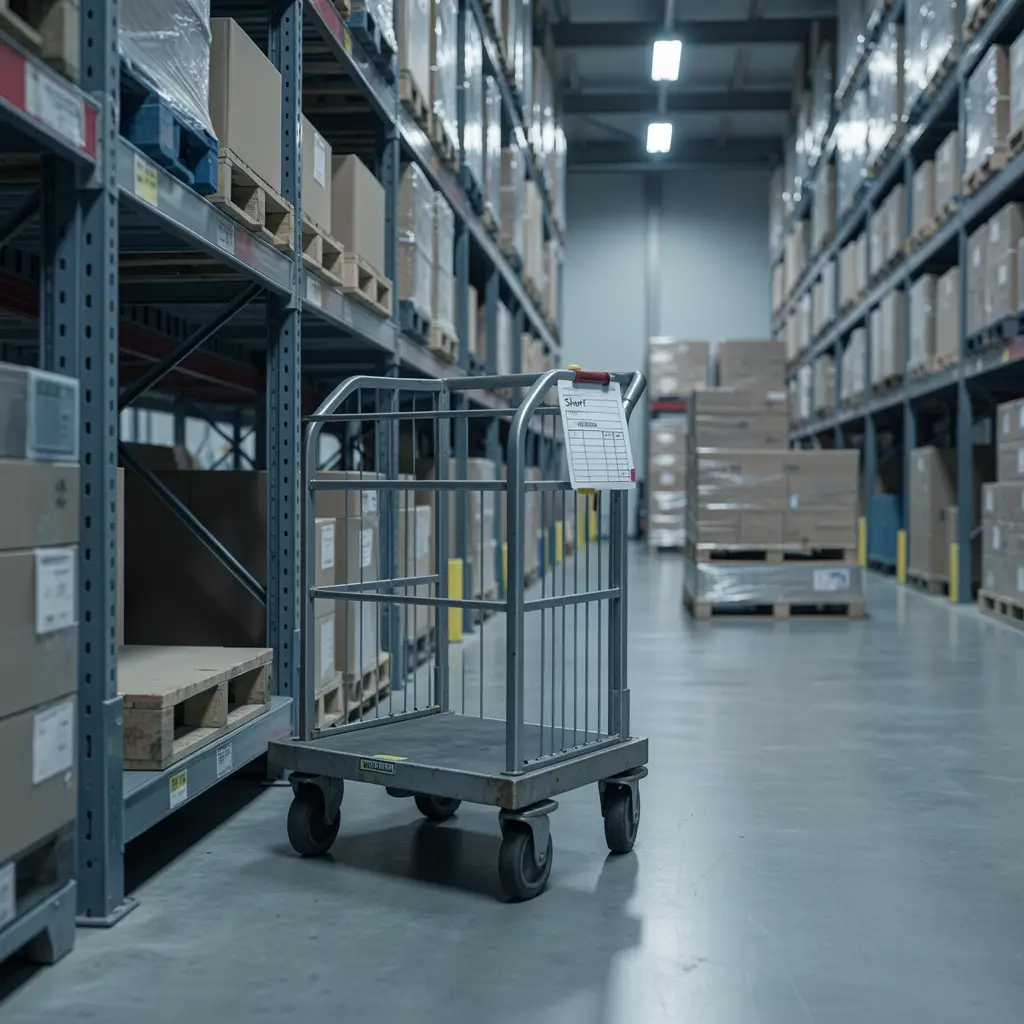 Distribution warehouse aisle with an empty pallet slot and a short-picked order sheet