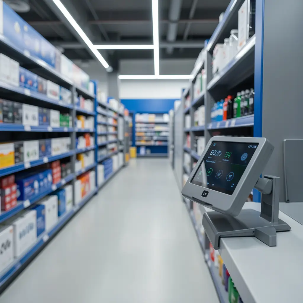 Modern retail shop floor with a digital shelf-edge label illustrating retail inventory trends