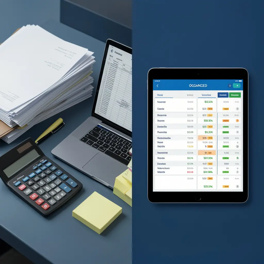 Split view contrasting manual paper-based stock tracking with a real-time multi-channel inventory dashboard