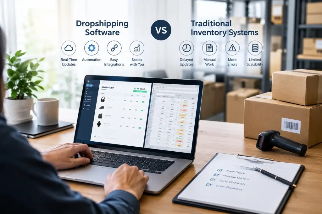 Dropshipping software vs traditional inventory systems shown through a modern inventory dashboard, manual spreadsheet, and warehouse products.