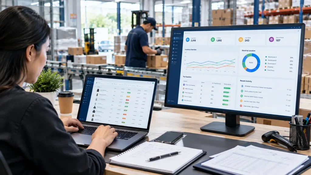 Employee reviewing supplier inventory data and stock levels on digital dashboards in a warehouse, highlighting the impact of accurate supplier data on customer satisfaction.