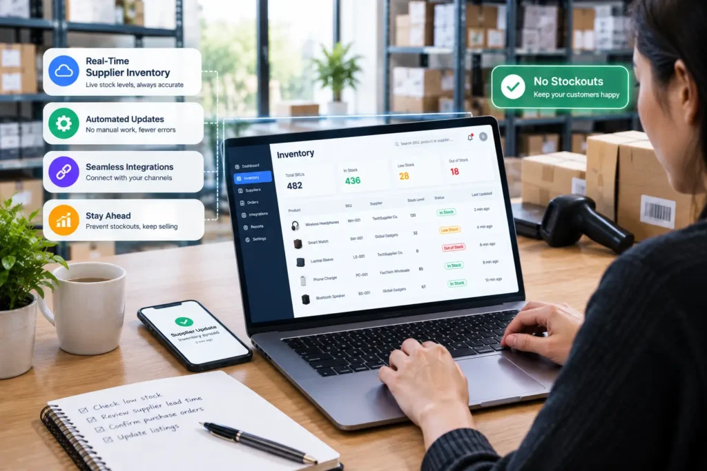 Realistic warehouse office showing real-time supplier inventory management through a laptop dashboard, smartphone updates, and automated stock monitoring to help prevent stockouts.