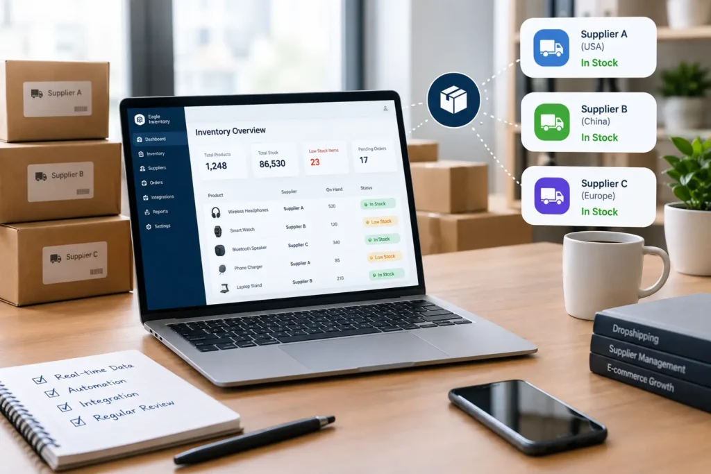 A modern workspace with a laptop displaying a supplier inventory management dashboard, surrounded by shipping boxes representing multiple suppliers, illustrating real-time inventory tracking, automation, and efficient supplier management.