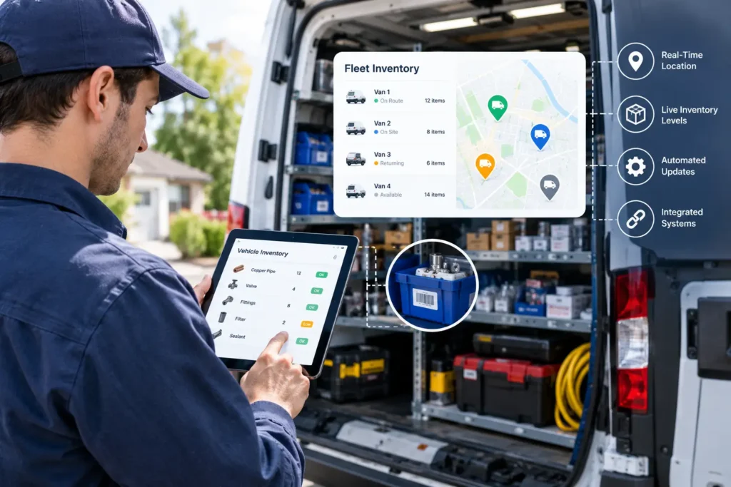 Service technician using a tablet to track inventory across multiple service vehicles, with live stock levels, vehicle locations, and organised parts shown inside a work van.
