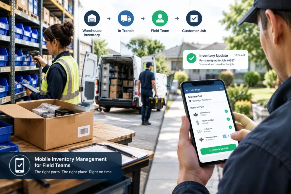 Warehouse-to-field inventory workflow showing parts being prepared, transported, and tracked by field technicians using mobile inventory management software.